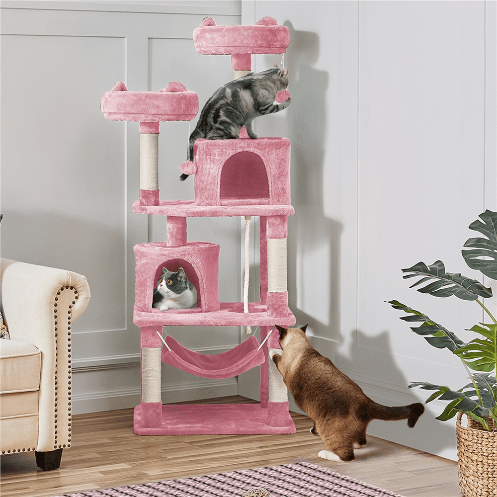 Alden Design 62" Double Condos Cat Tree and Scratching Post Tower, Pink