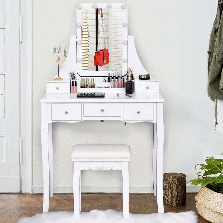 Gymax Vanity Dressing Table Set w/Removable Box &10 Dimmable Bulbs  Makeup Vanity Dressing Table Set w/10 Dimmable Bulbs and Touch Switch White main image 0
