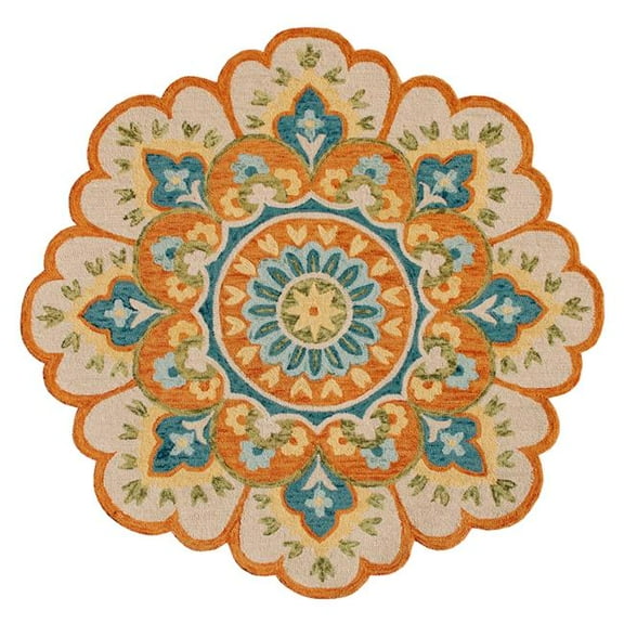 6 ft. Orange & Blue Wool Floral Hand Tufted Round Area Rug