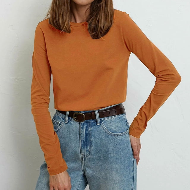 Hauts pour Femmes en Solde! Chemises à Manches Longues pour Femmes Automne Basiques Couleur Unie Hauts Ajustés Col Rond Tenues de Sortie Mignon T-Shirt Serré