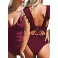 thumbnail image 3 of Women'S Ruffled Swimsuit V Neck Lace Up Claret M, 3 of 6