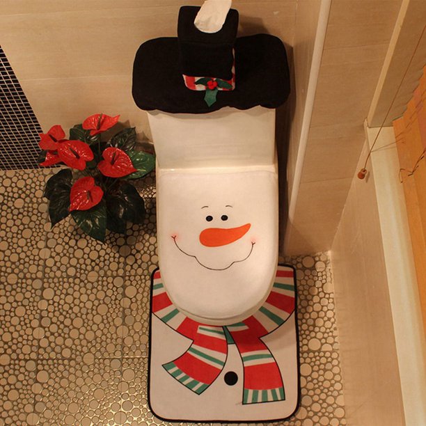 Decoraciones navideñas para el asiento del inodoro. La decoración navideña para el baño incluye funda para el asiento del inodoro, alfombras y tapa del tanque.