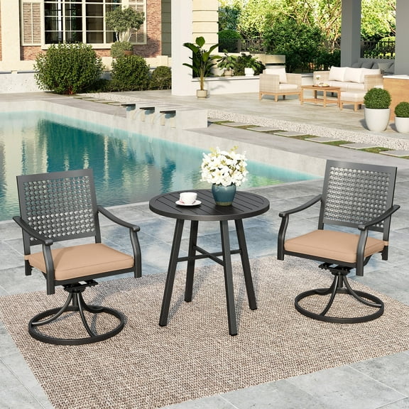 Summit Living 3-Piece Patio Furniture Set, Outdoor Bistro Set with Round Coffee Table and Swivel Chairs with Cushions, Black & Beige