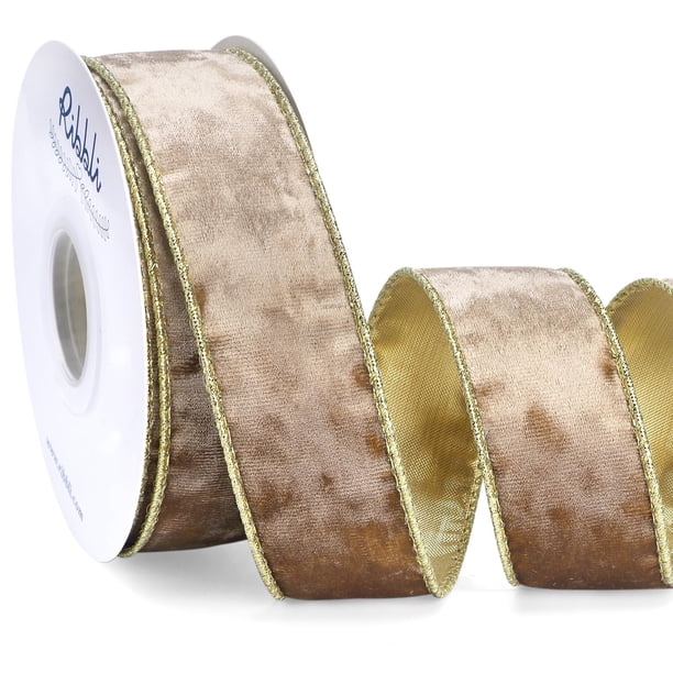 Cinta decorativa Ribbli de terciopelo camello, 3,8 cm, oro metálico, 9,1 m