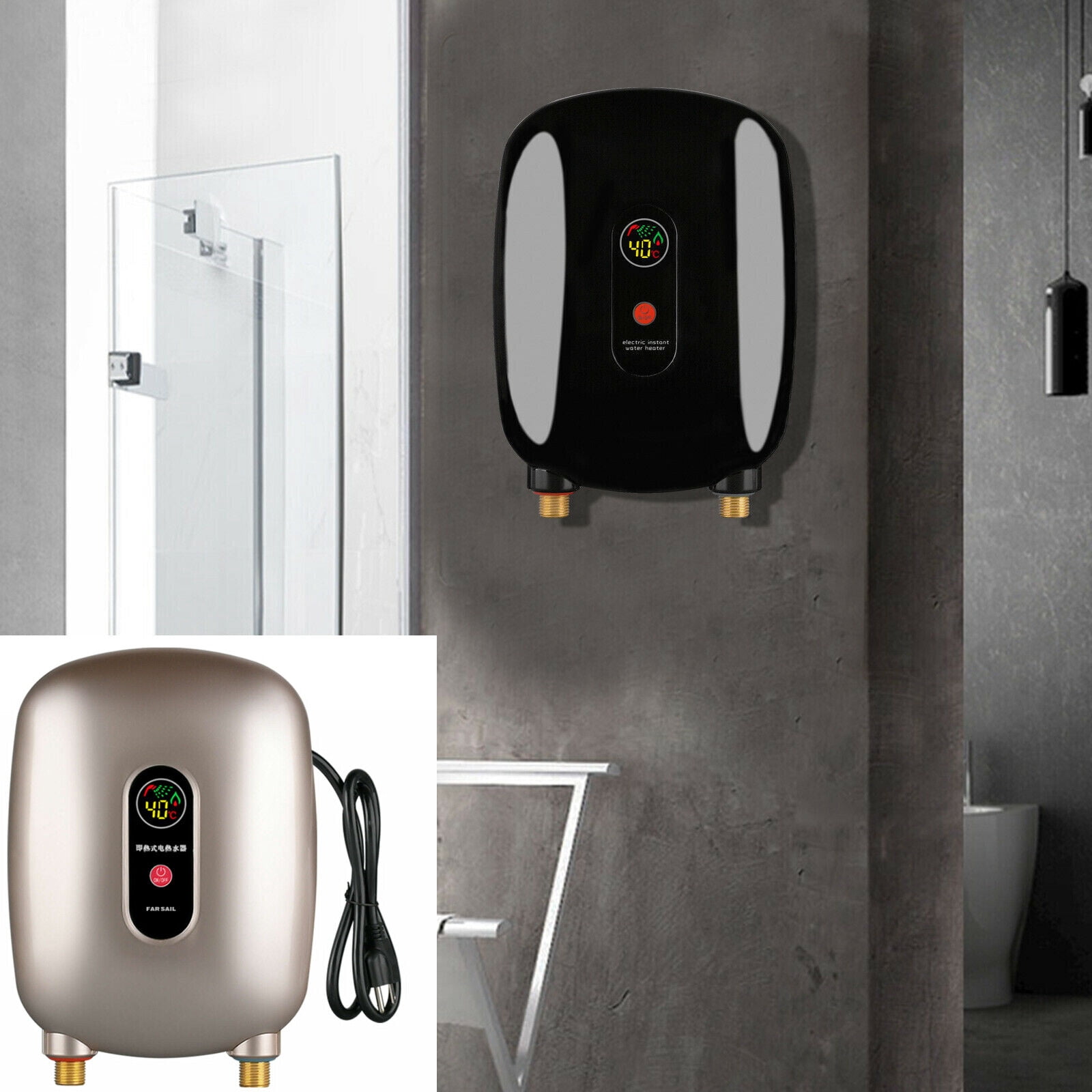 3000w Electric Instant Hot Water Heater Mini Tankless Heater Kitchen 68-126°F Ipx4 110v Black/Gold