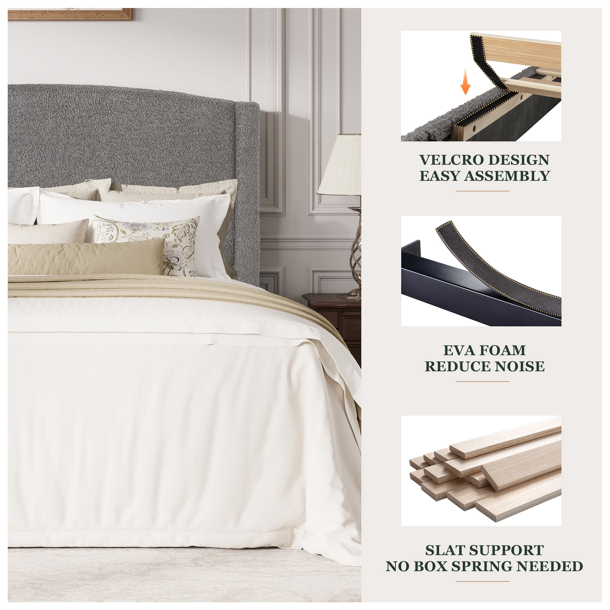 Amolife King Bed Frame, Platform Upholstered Bed with Soft Teddy Fabric Curved Headboard, Grey