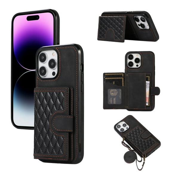 ELEHOLD Luxury Wallet Case for iPhone 14 Pro 6.1" with Card Holders Magnetic Closure Kickstand Function Shockproof Purse Case with Detachable Crossbody Shoulder Strap,Black