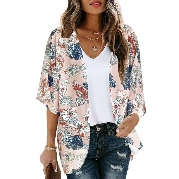 Traje de Baño Mujer Kimono Tipo Cárdigan de Gasa Con Estampado Floral Bohemio Para Mujer, Estilo Playero, Ligero, Para Verano