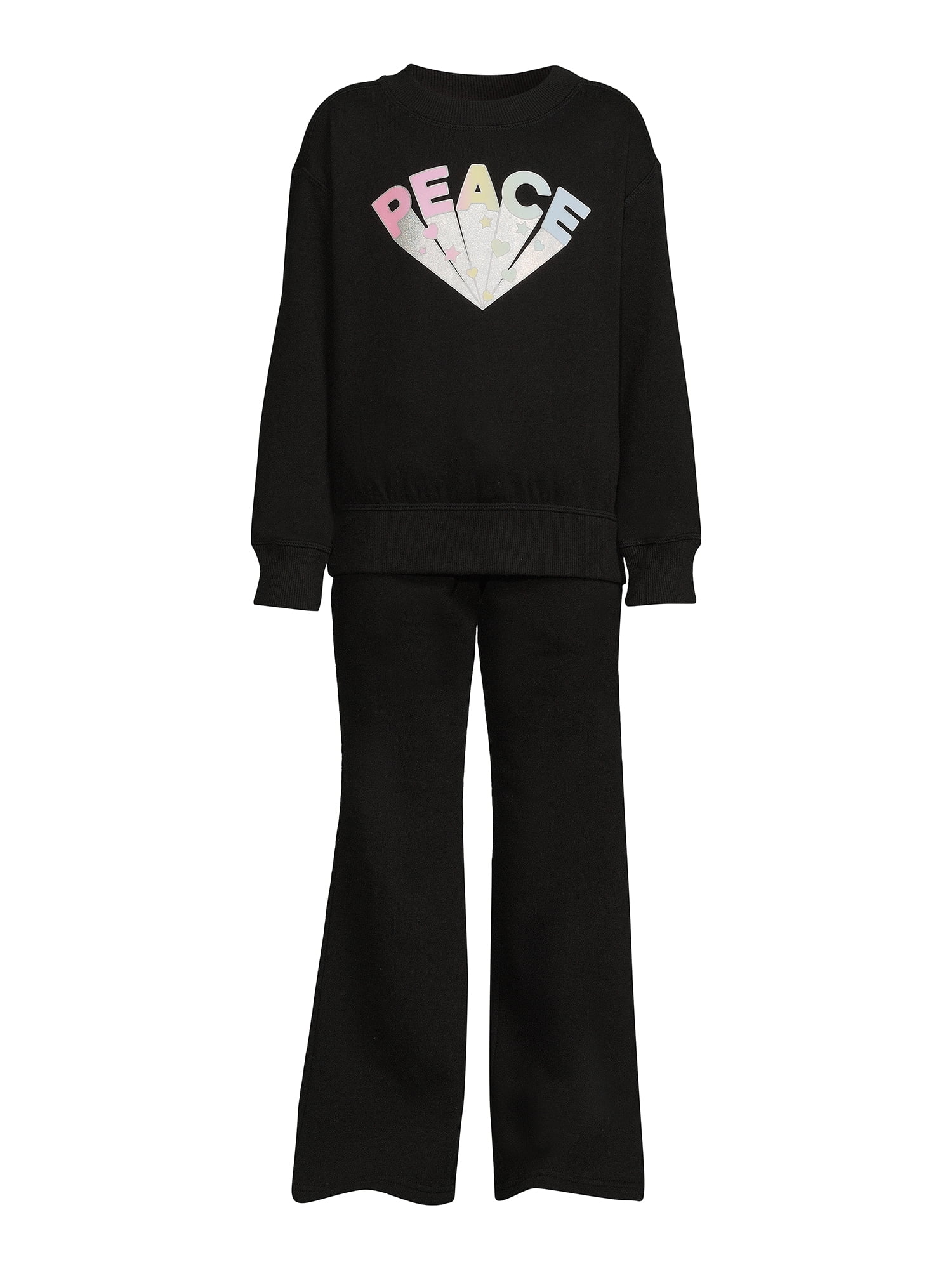 Wonder Nation Girls Fleece Crewneck and Flare Sweatpant 2-Piece Outfit Set, Sized 4-18 & Plus