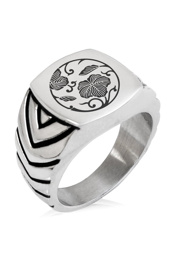 Stainless Steel Ivy Branch Kamon Crest Chevron Pattern Biker Style Polished Ring