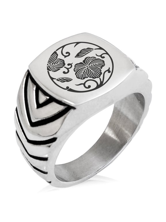 Stainless Steel Ivy Branch Kamon Crest Chevron Pattern Biker Style Polished Ring