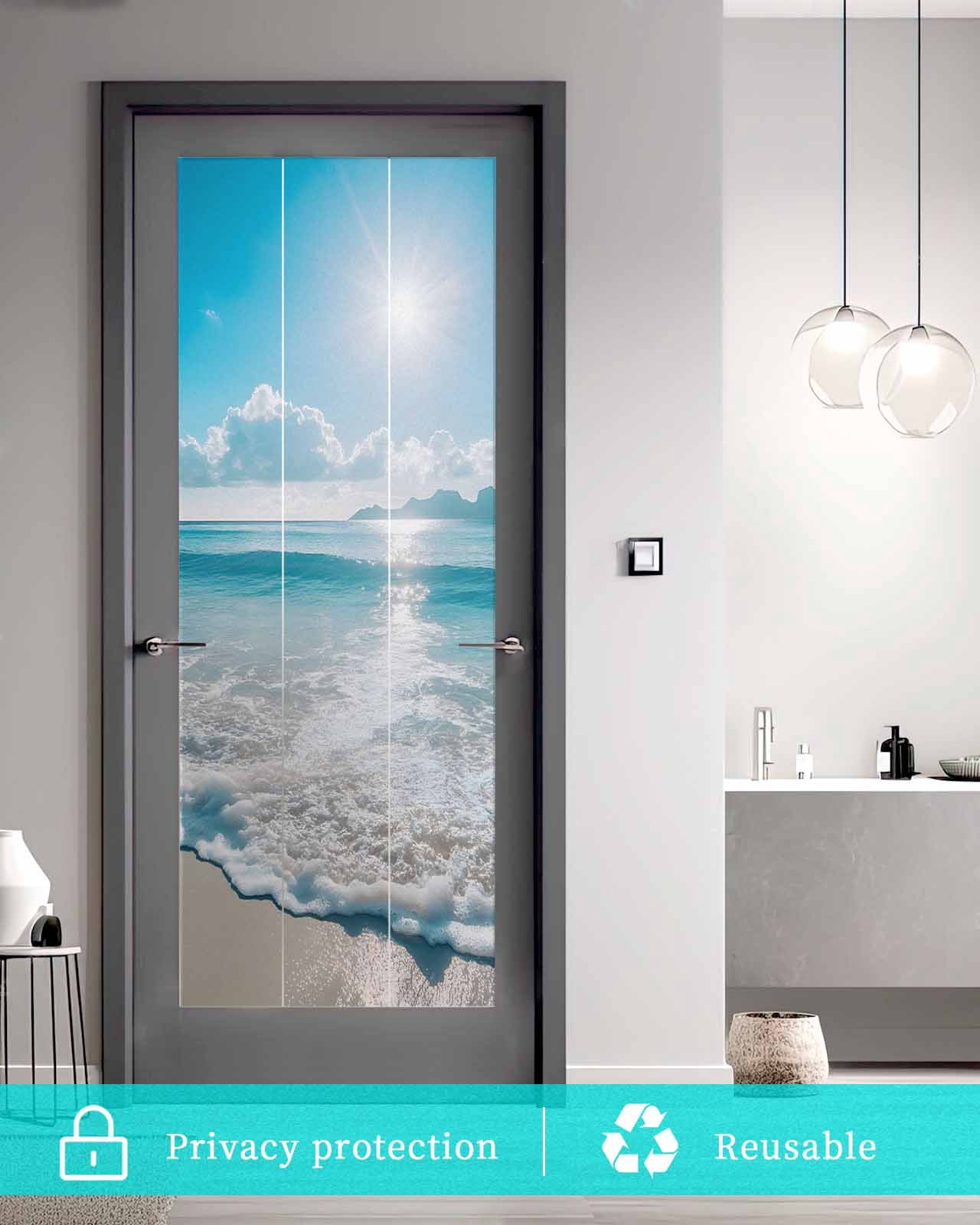 Window Privacy Film Coastal Beach Stained Glass Window Film Decorative Sun Block Window Cover Blue Ocean Sunrise Waves Sand Shore Window Clings Static Adhesive Sticker for Bathroom 19.6"x39.3"