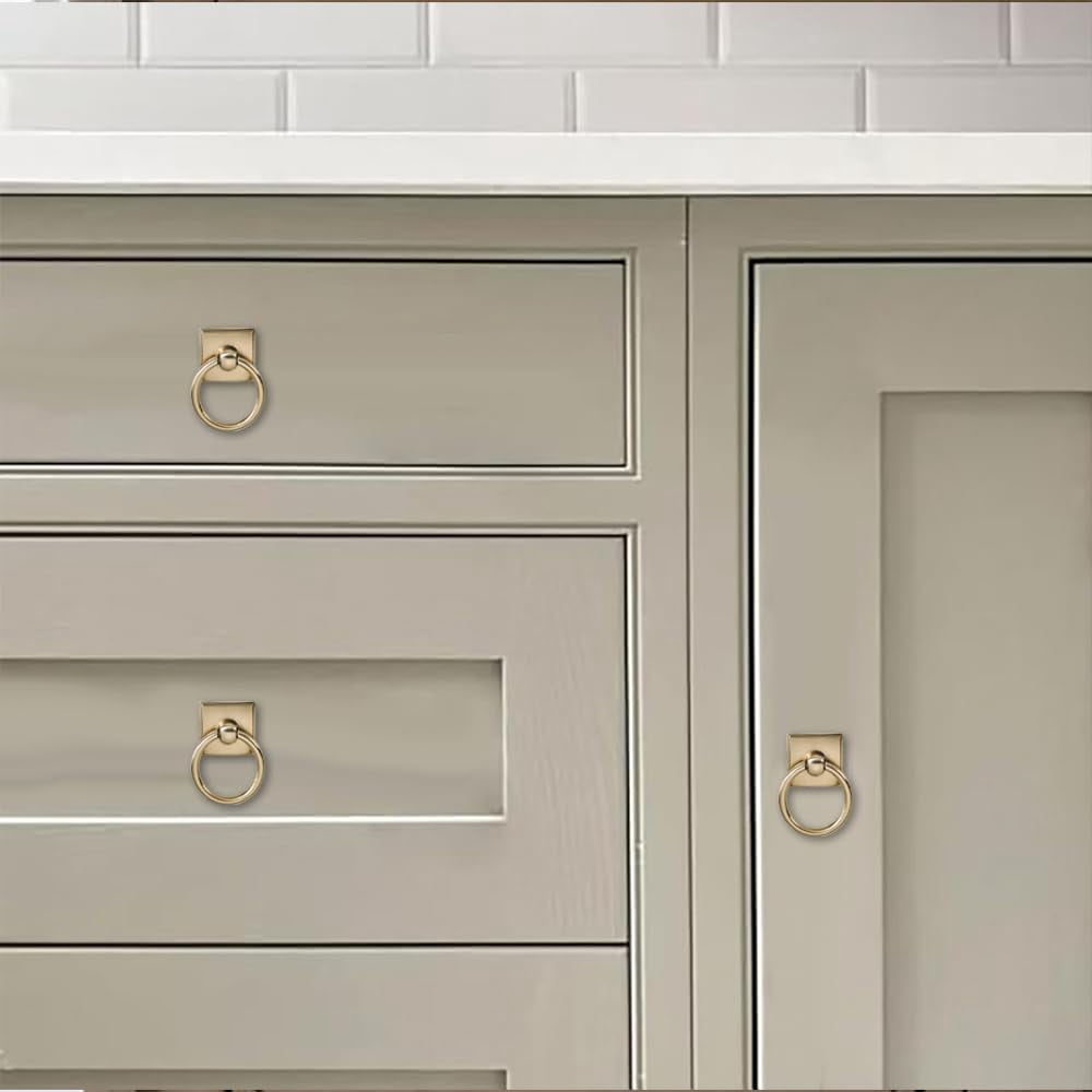 2-Pack 1.9 Inch Ring Cabinet Knobs - Vintage Antique Brass Backplate for Drawer knobs for Dresser, Kitchen Cabinets - Durable Zinc Alloy Hardware.