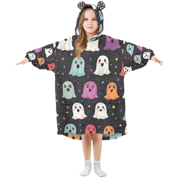 FORMRS Wearable Blanket Hoodie with Sleeves for Kids Cozy Flannel Sweatshirt, Colorful Halloween Ghost