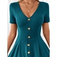 thumbnail image 6 of Teal Blue V-Neck Short Sleeve Fit & Flare Midi Dress With Gold-Tone Button Front, 6 of 7