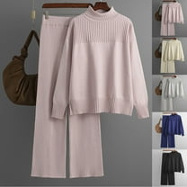 Lovskoo 2024 Women's Sweater Set Trendy Versatile Round Neck Long Sleeve Loose Top Blouse Pants Set Black