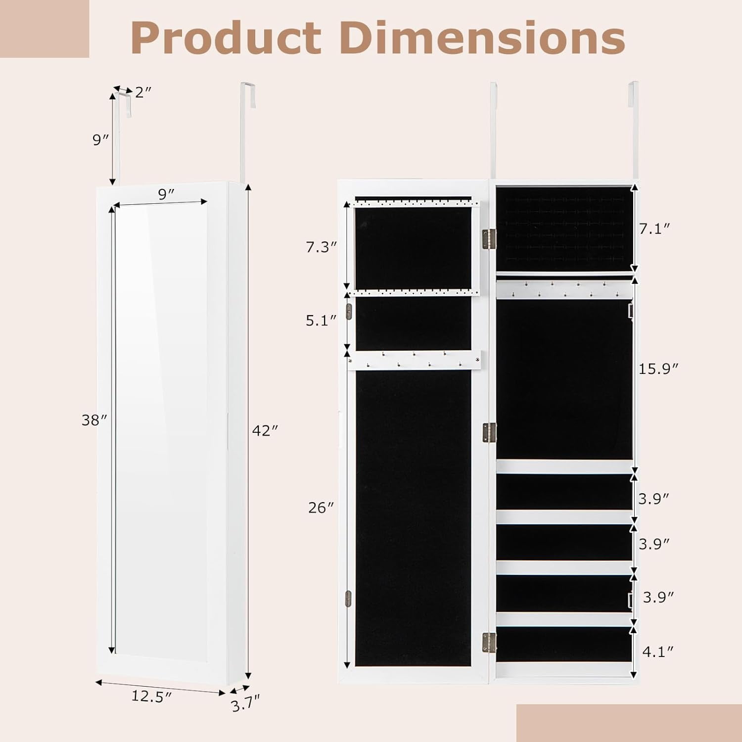 Mirror Jewelry Cabinet Wall Mounted, 42” Over the Door Full Length Mirror with Storage & Hooks, Hanging Jewelry Chest Box, Modern Jewelry Storage Organizer for Women, Girls, White