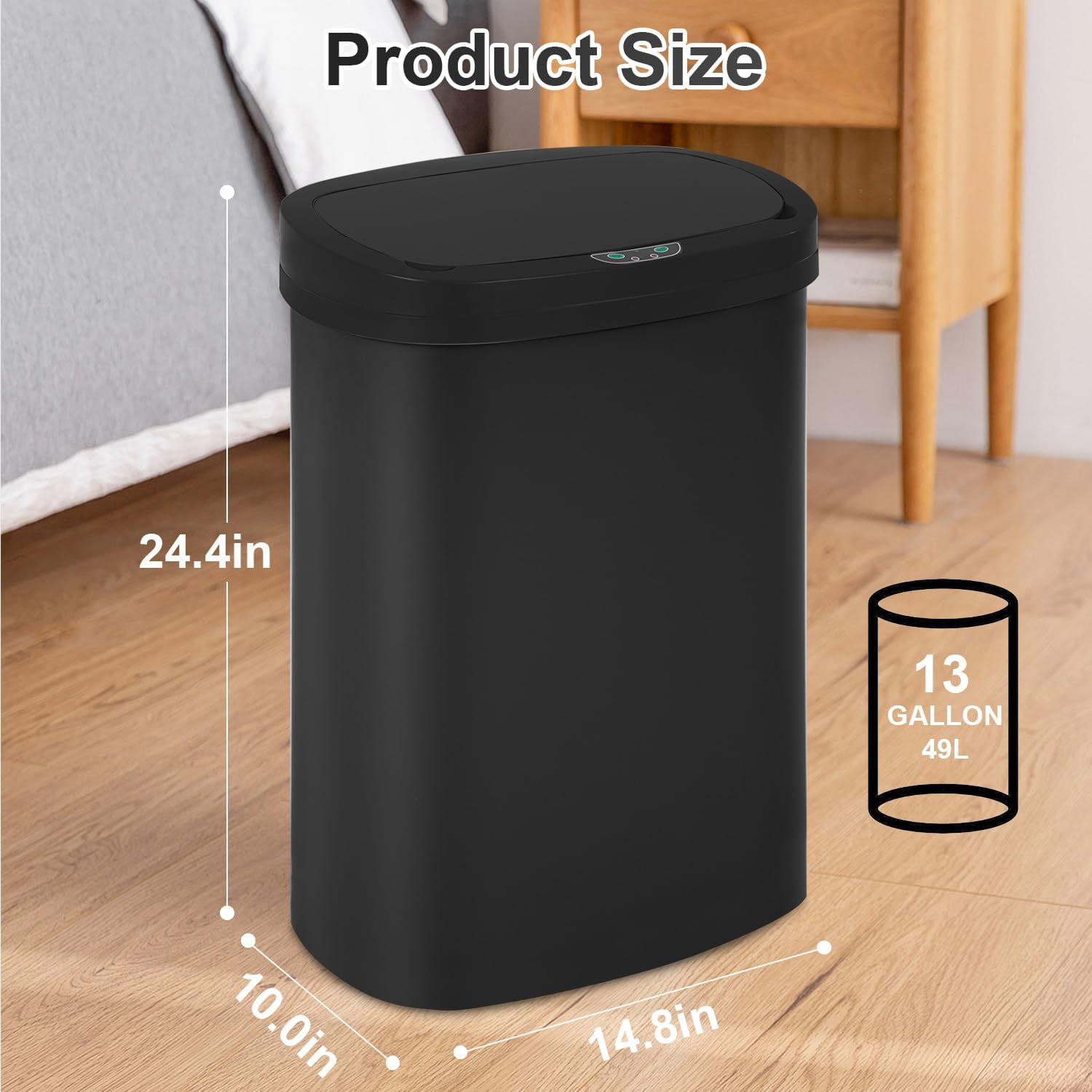 FDW 13 Gallon Automatic Touchless Kitchen Trash Can, Stainless Steel Waste Bin with Lid for Home Office，Black