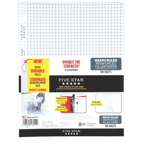 Five Star Reinforced Filler Paper, Graph Ruled, 11" x 8 1/2", 100 Sheets/Pack