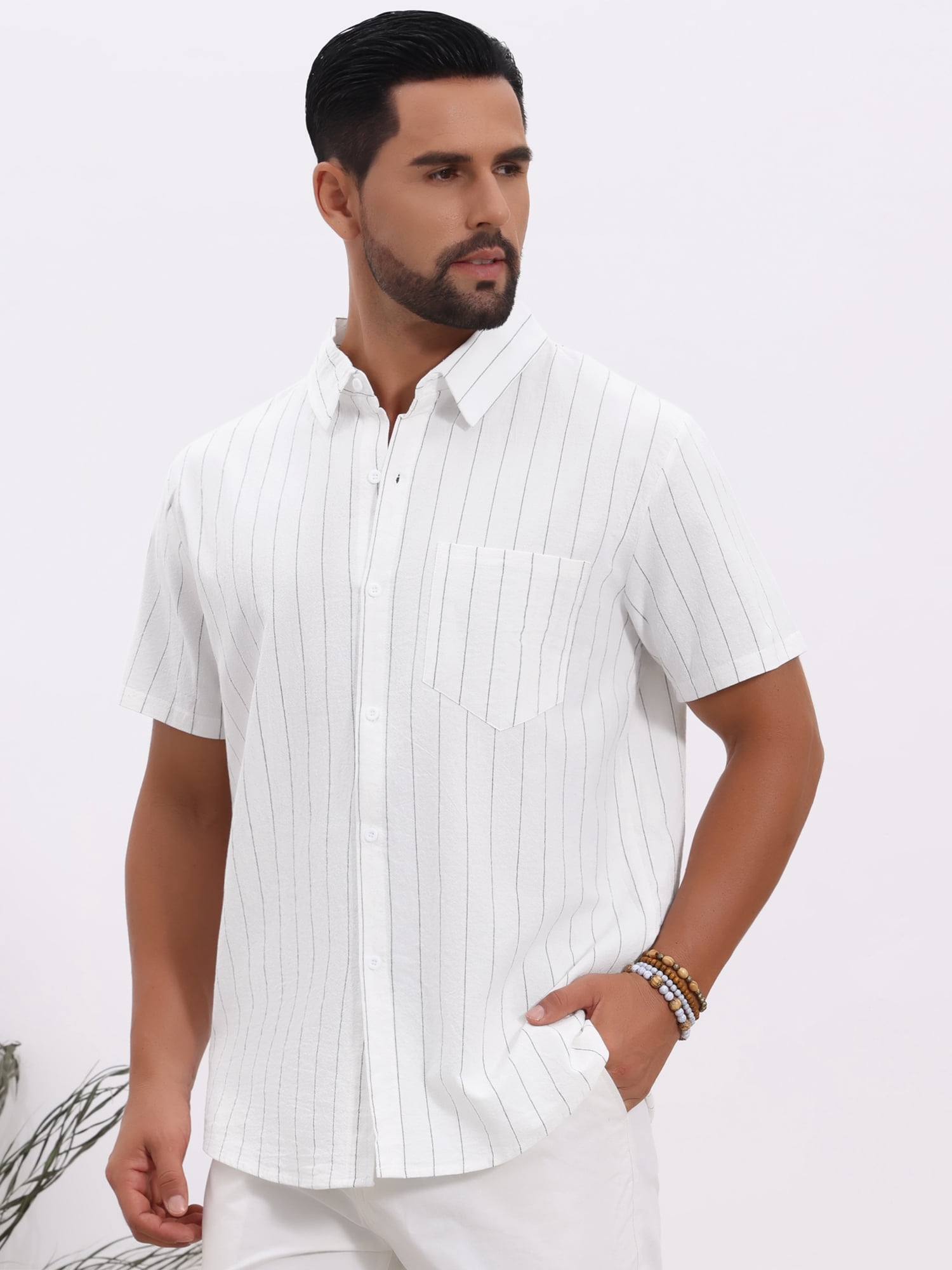 DARING DIVA Men's Point Collar Short Sleeve Button Down Stripes Shirts S White