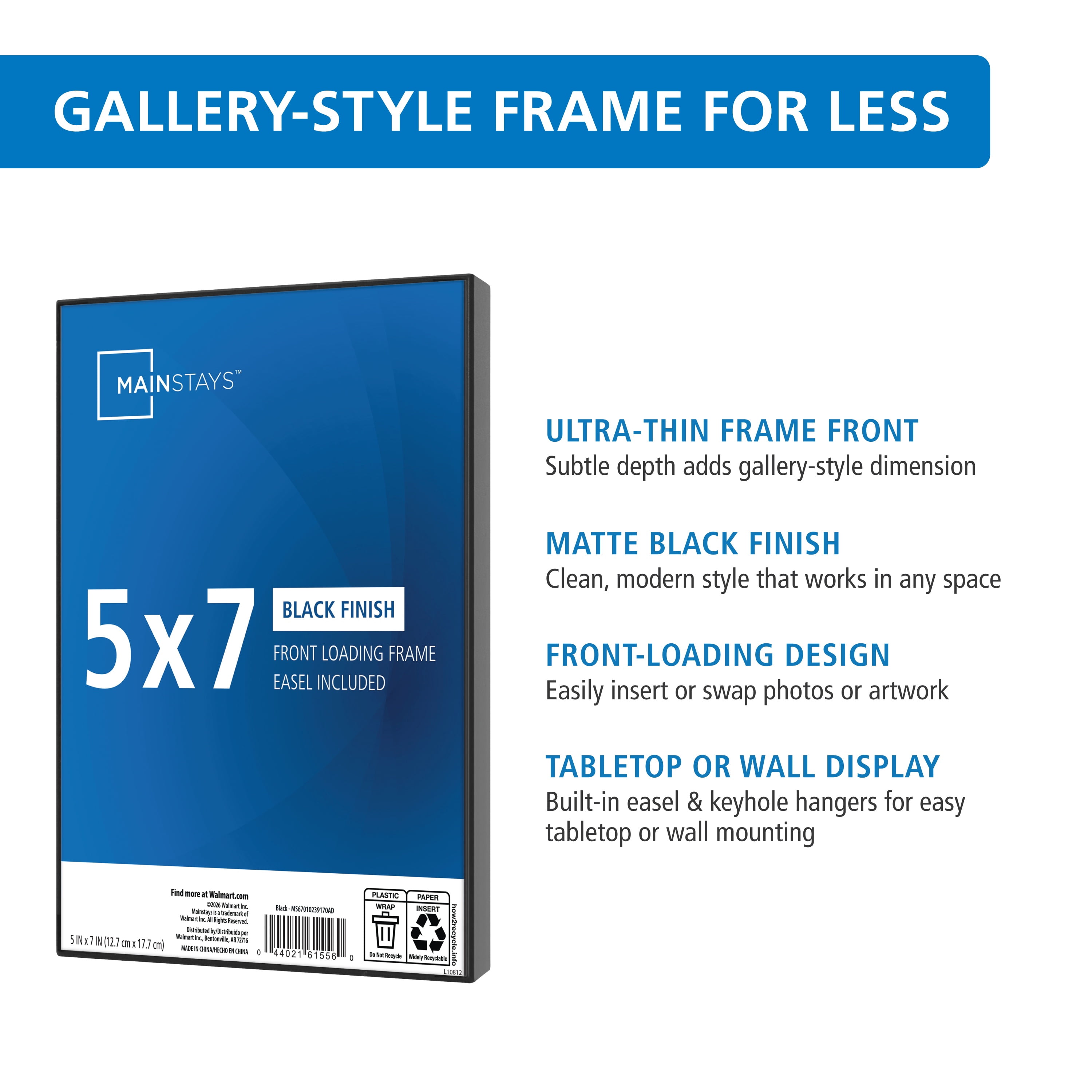 Mainstays 5 x 7 Black Front-Loading Picture Frame, Wall or Tabletop