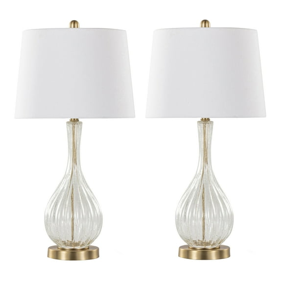 Newest 27" Contemporary 2-Piece Glass Table Lamp Set, Gold with Clear Crackle Glass & White Linen Shade & 3-Way Switch