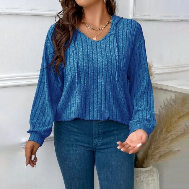 COM1950s T-Shirt à Capuche à Manches Longues pour Femmes, Blouse Décontractée à Enfiler en Tissu Extensible Doux, Haut à Col Rond Confortable pour le Quotidien, Essentiel de Mode d'Automne