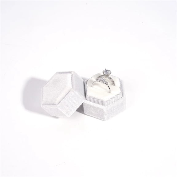 Ring Box, Velvet Jewelry Boxes for Proposal Engagement Wedding Ceremony,Hexagon Mini Double Ring Slot Bearer Case with Detachable Lid（ White)