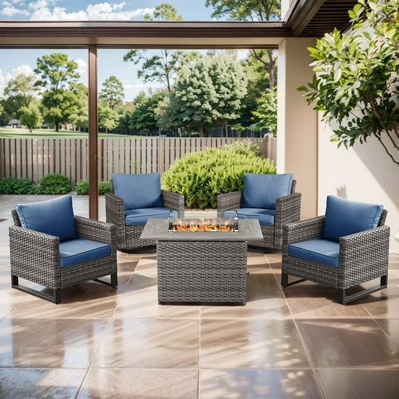 Planntonneo Outdoor Furniture 5 Piece Wicker Patio Fire Pit Sets with 2 Patio Chairs, 2 Swivel Rocking Chairs and Fire Table, Grey/Blue