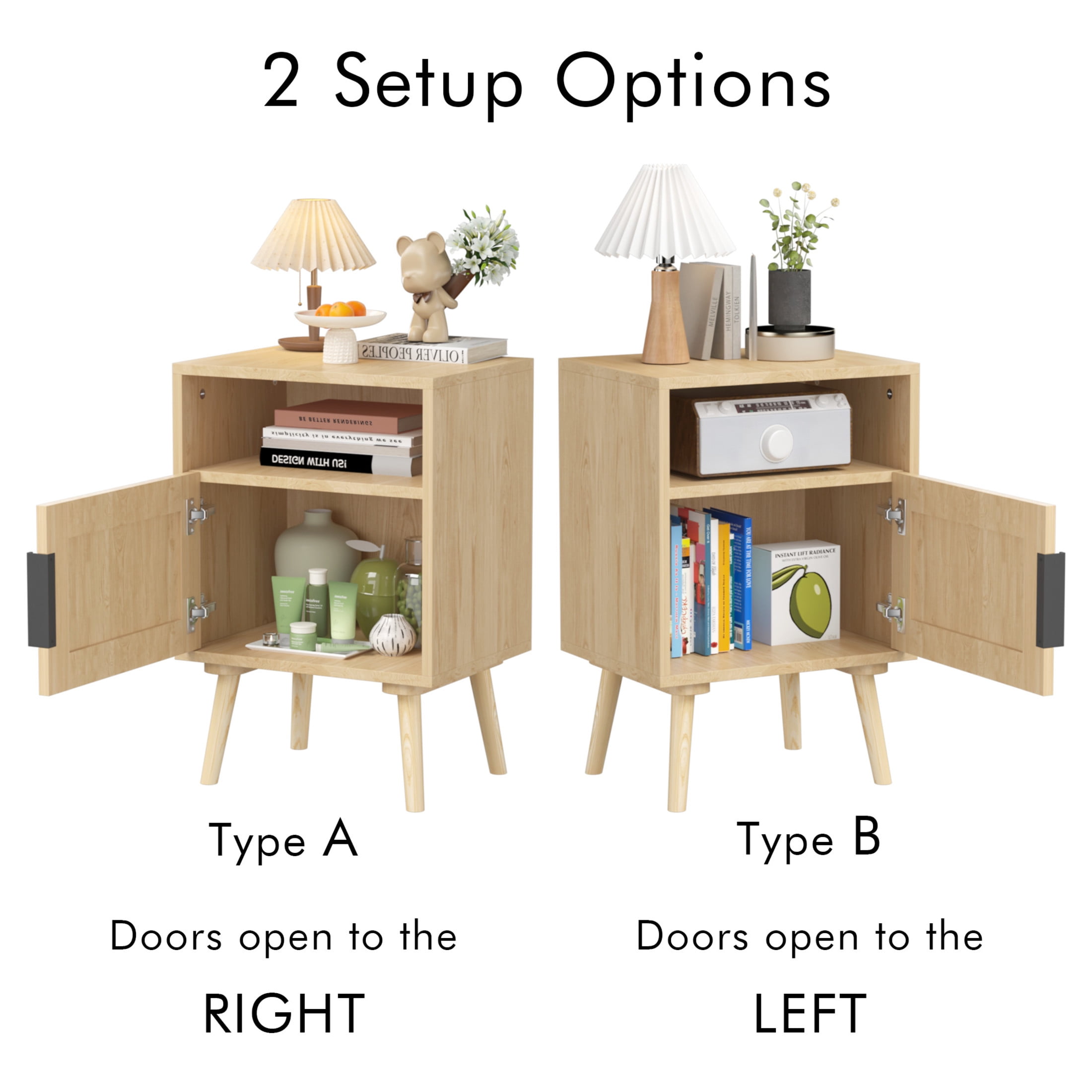 Noble House Samantha 22.8" Rattan Nightstand, Wood Accent Bedside Table with Door and Open Shelf, Oak