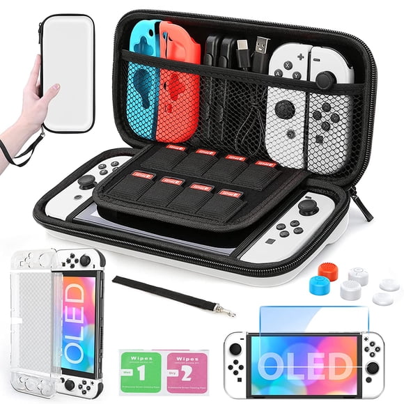 Funda de transporte para Switch OLED, kit de accesorios 11 en 1 para Nintendo Switch OLED con funda protectora rígida transparente, protector de pantalla HD para Switch y tapas para los pulgares
