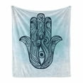 thumbnail image 1 of Hamsa Soft Flannel Fleece Throw Blanket, Ornate Hand Drawn Hamsa and Old Ornament with Curly Swirled Lines, Cozy Plush for Indoor and Outdoor Use, 60" x 80", Dark Blue Aqua, by Ambesonne, 1 of 6