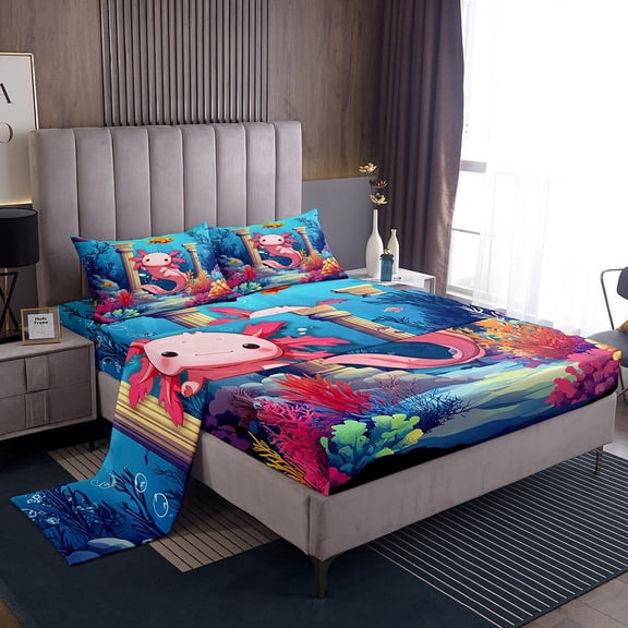 Erosebridal Animal Axolotl Bed Sheets King,Cartoon Animal Bedding King Size,Ocean Theme Decor,Super Cozy,4pcs