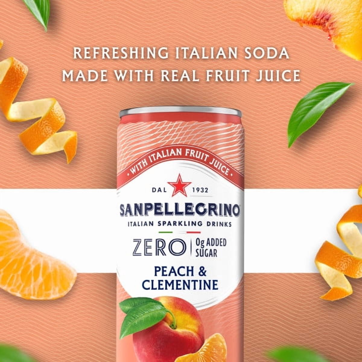 SanPellegrino Soda Italiana Peach and Celmintine, Low Calorie Zero Added Sugar, 6 Pack Cans