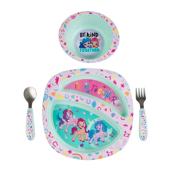 The First Years My Little Pony Ensemble de Repas pour Tout-Petits - Comprend une Assiette, un Bol, une Fourchette et une Cuillère pour Tout-Petits Lavables au Lave-Vaisselle - 4 Unités