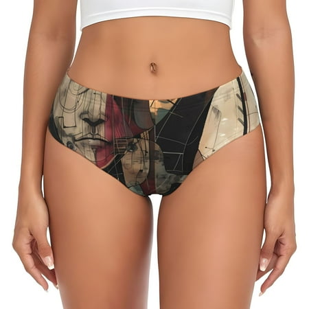 Naloa Abstract Geometric Faces Womens No Show Cotton Underwear Mid-High Waisted Soft Ladies Panties Strech Breathable Briefs -Large