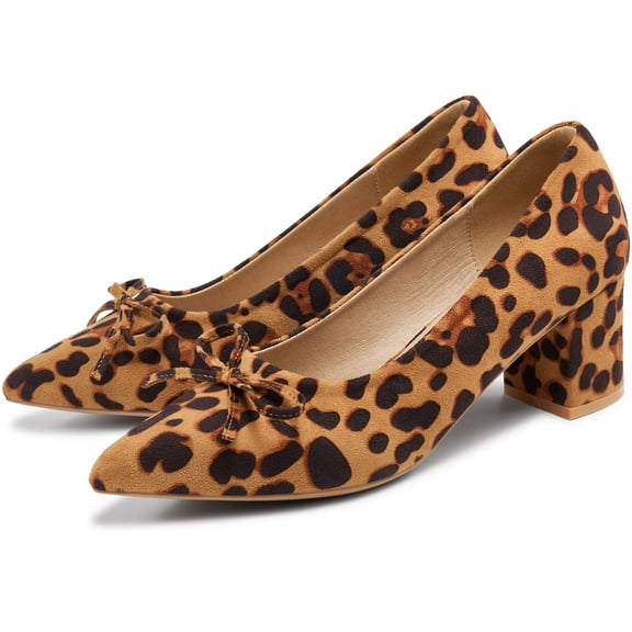 Ecetana Women's Pointed‑Toe Faux Suede Bow Pumps Chunky Block Heel Closed‑Toe Comfort Dress Shoes for Office Wedding