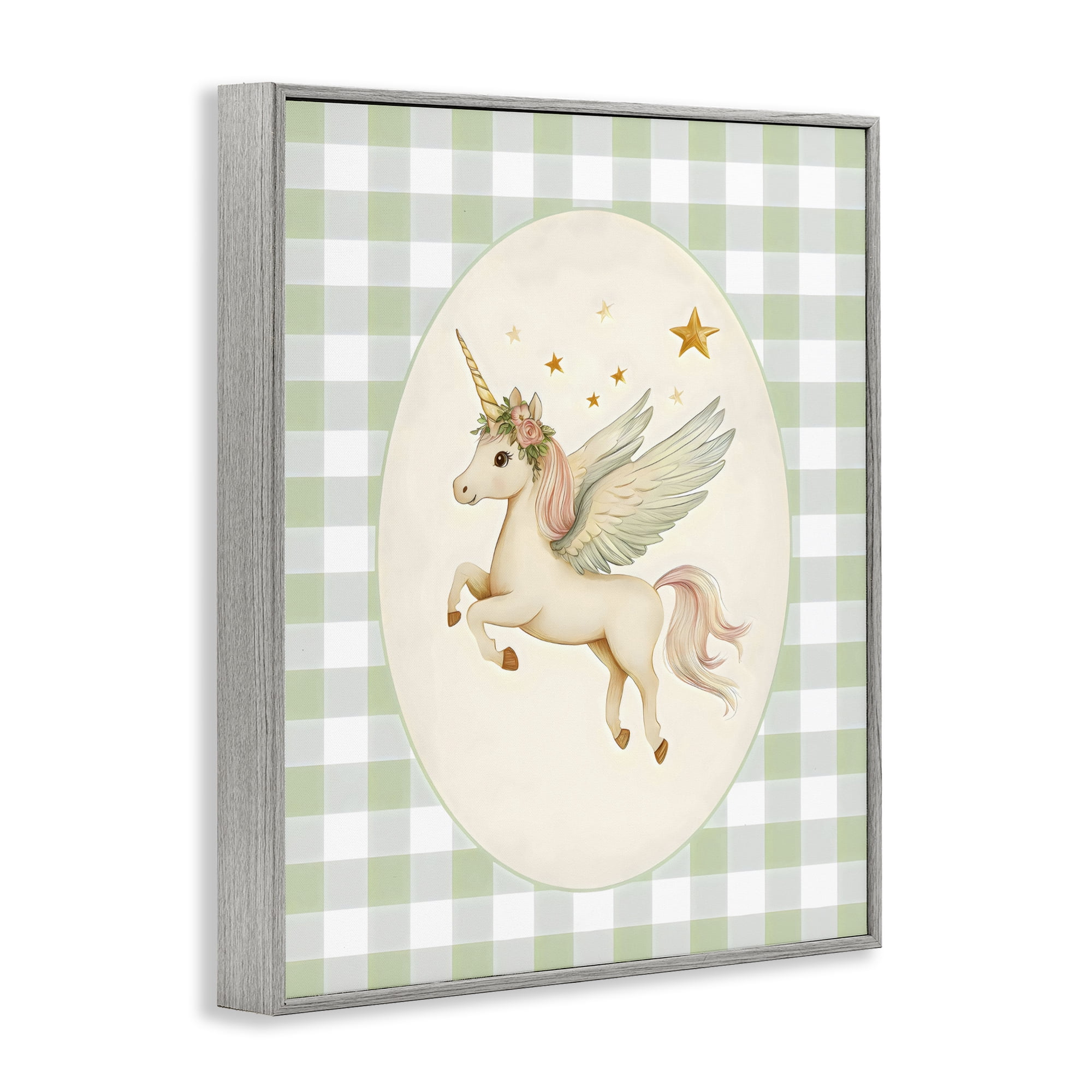 Stupell Industries Winged Unicorn over Green Gingham Gray Framed Giclee Art, design by Arlington Prints