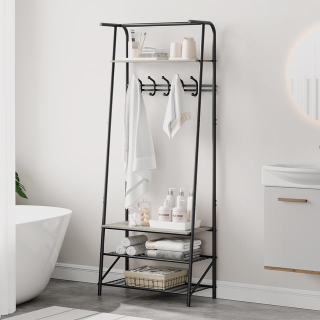 Coat Rack Shoe Bench with 5 Hooks, 4-Tier Shelf Entryway Hall Tree with Storage, Metal Frame Multifunctional Hallway Organizer, 4-in-1 Wood Look Accent Furniture for Bathroom, Hallway