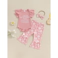 thumbnail image 2 of Bagilaanoe 3pcs Newborn Baby Girl Pants Set Letters Short Sleeve Romper Tops + Floral Flare Trousers + Headband 3M 6M 12M 18M Infant Casual Clothes, 2 of 7