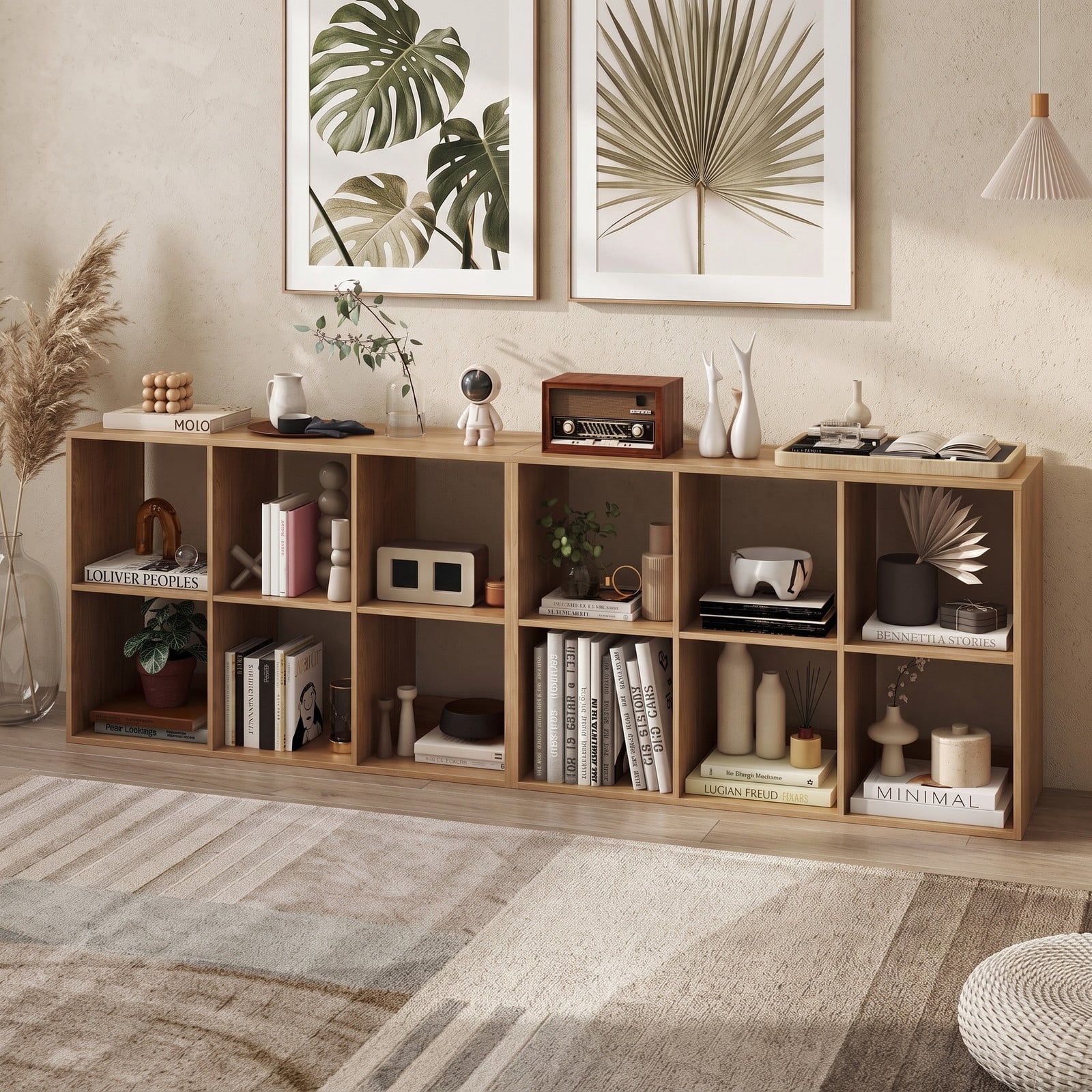 Furnibear 6 Cube Bookshelf, Wood Cube Storage Organizer with Back Guardrail and Anti-Tip Kit, Freestanding Display Bookcase for Living Room Bedroom Home Office, Natural