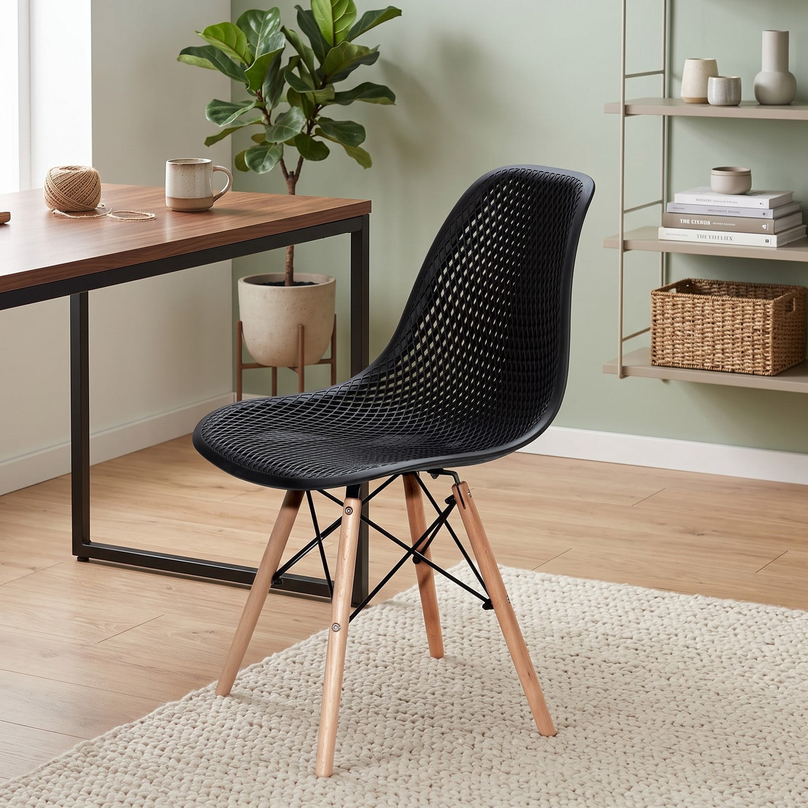 Furnibear Modern Plastic Dining Chair Set of 4, Mid-Century Hollow Kitchen Side Chairs with Solid Beech Wood Legs, Breathable Mesh Back, Waterproof Seat for, Black