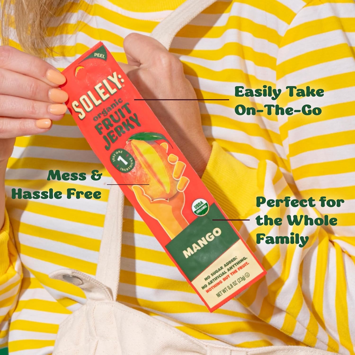 SOLELY Organic Mango Raspberry Fruit Jerky, 12 Individually Wrapped Fruit Strips, Leathery Texture, Healthy Snacks for All, Vegan Snack, 0.8oz (23g)