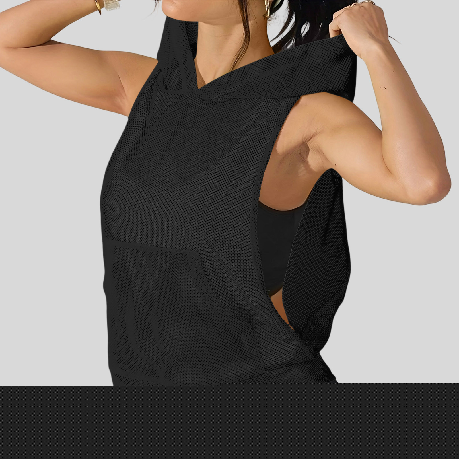 thumbnail image 5 of Htigea Women's Workout Tank Tops Mesh Sleeveless Running Athletic Hoodie Summer Hooded Gym Exercise Tees Black S, 5 of 8