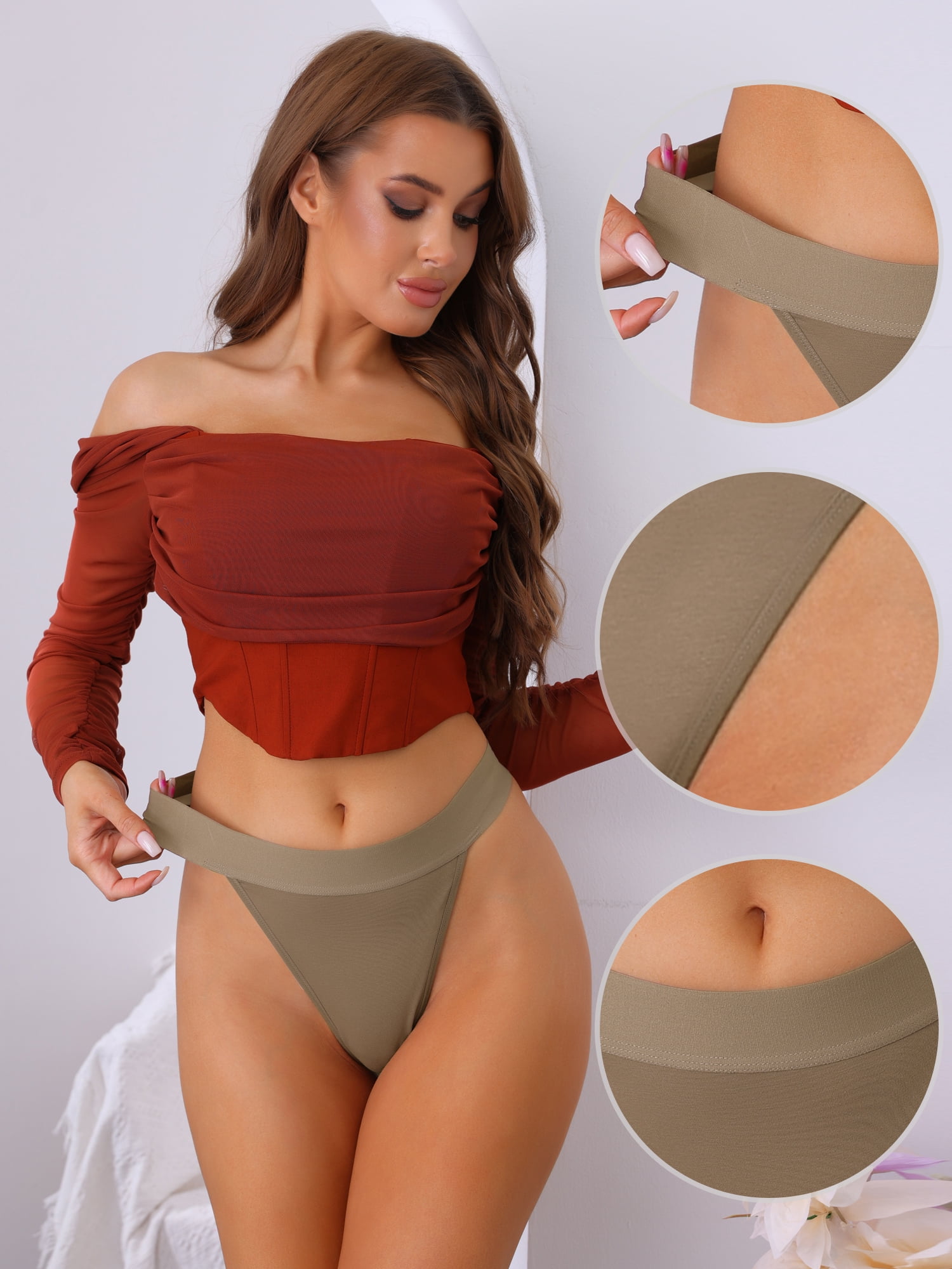 DARING DIVA Women's High Waist T-back Hi-Cut Elasticity Thongs Camel S