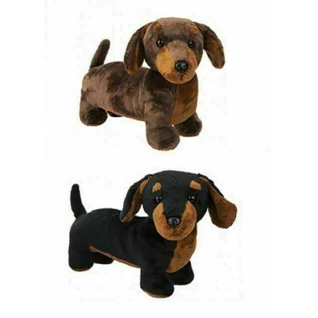 ¡dios! diseños peluche perro salchicha de 12" multicolor — dos peluches salchicha apilados en fondo blanco; uno marrón con hocico y vientre tostado y otro negro con marcas tostadas; cuerpo alargado, patas cortas, orejas caídas y cola levantada.