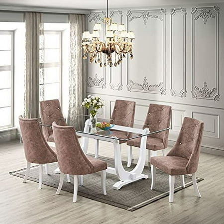 Kings Brand Furniture - Elmer 7 Piece Glass Top Dining Set Table & 6 Chairs White/Dark Brown