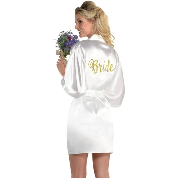 Adult "Bride" Satin Glitter Robe, Gold/White, One Size, Wearable Accessory for Weddings/Bachelorette Party