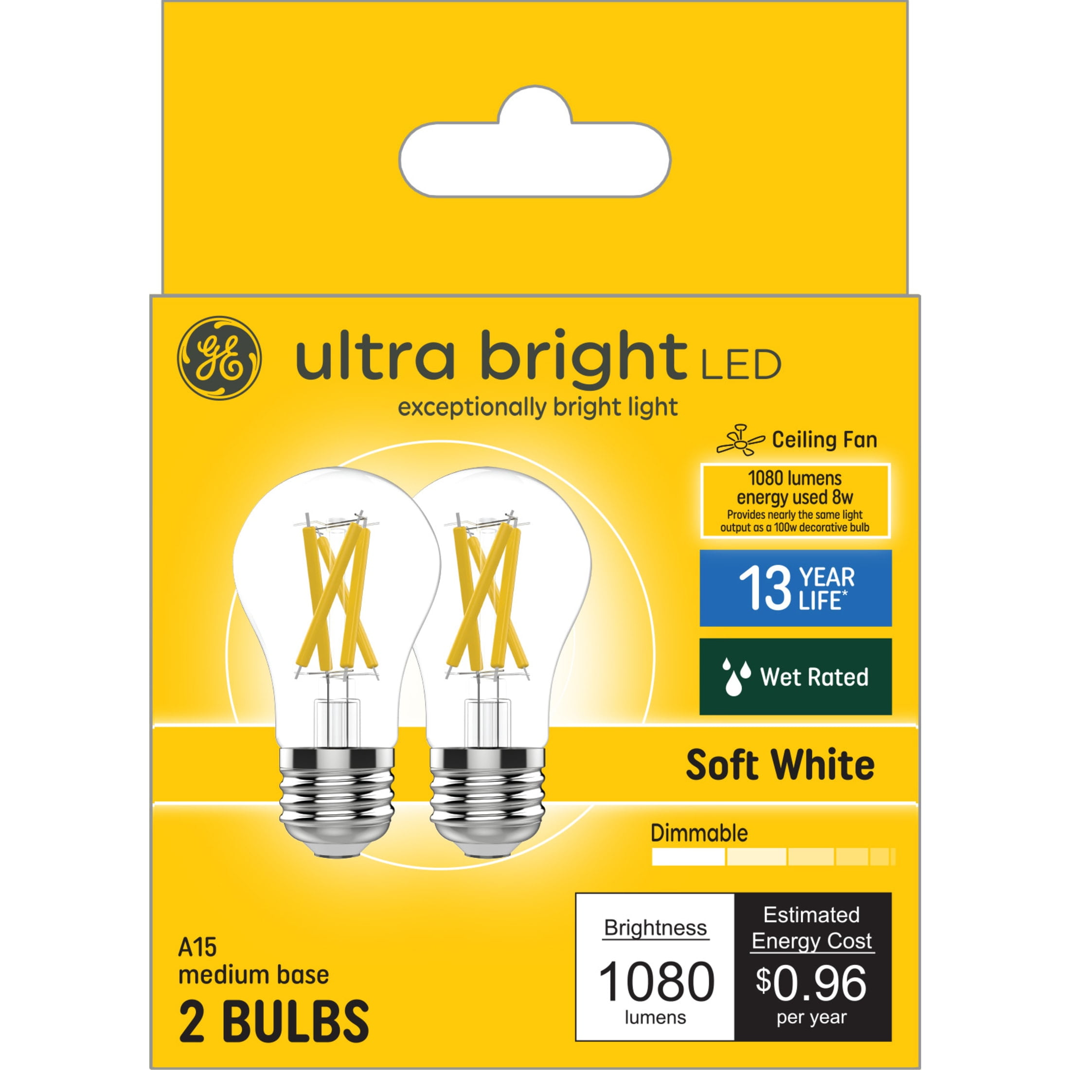 (2 pack) GE Ultra Bright LED Light Bulbs, 100 Watt, Soft White, A15 Ceiling Fan Bulbs, Medium Base, Clear Finish, 2pk