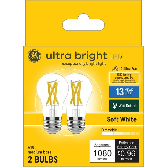 GE Ultra Bright LED Light Bulbs, 100 Watt, Soft White, A15 Ceiling Fan Bulbs, Medium Base, Clear Finish, 2pk